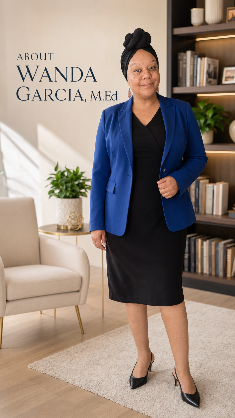 Wanda Garcia, M.Ed., standing in a professional setting wearing a blue blazer and black dress